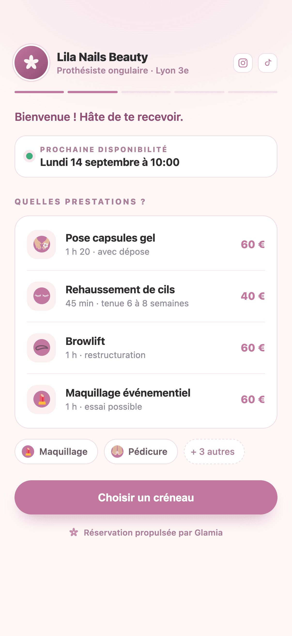 Ton lien dans ta bio : prestations, photos, règlement, créneaux réels.