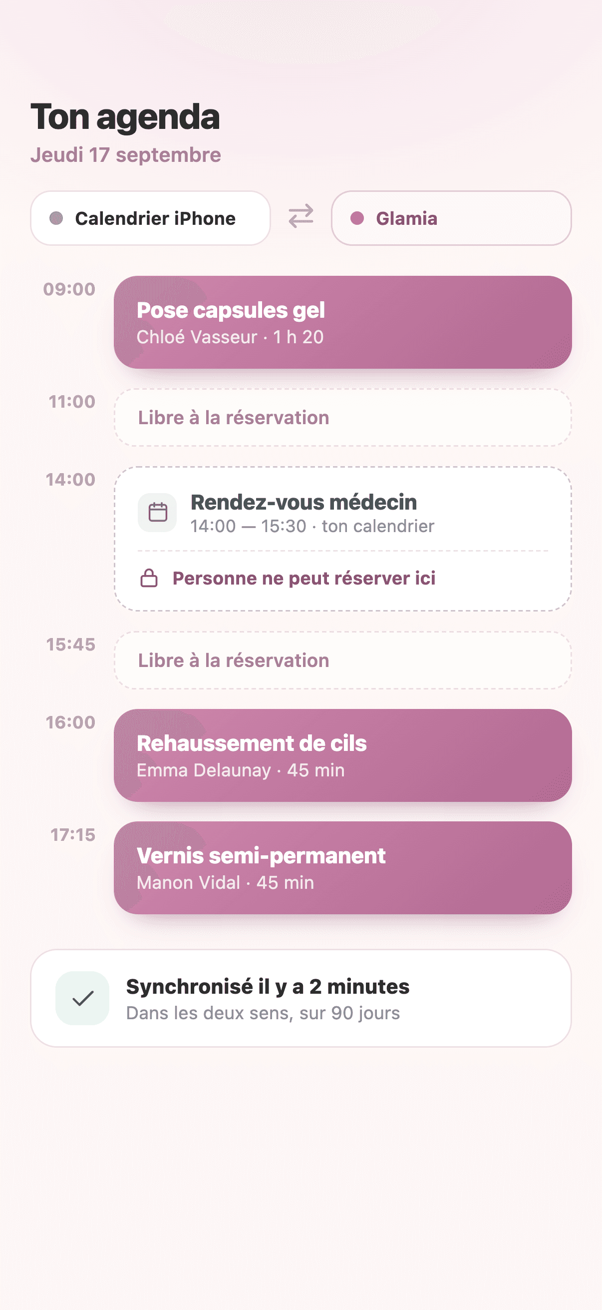 Tes rendez-vous arrivent dans ton agenda. Ce qui est déjà prévu bloque les créneaux.